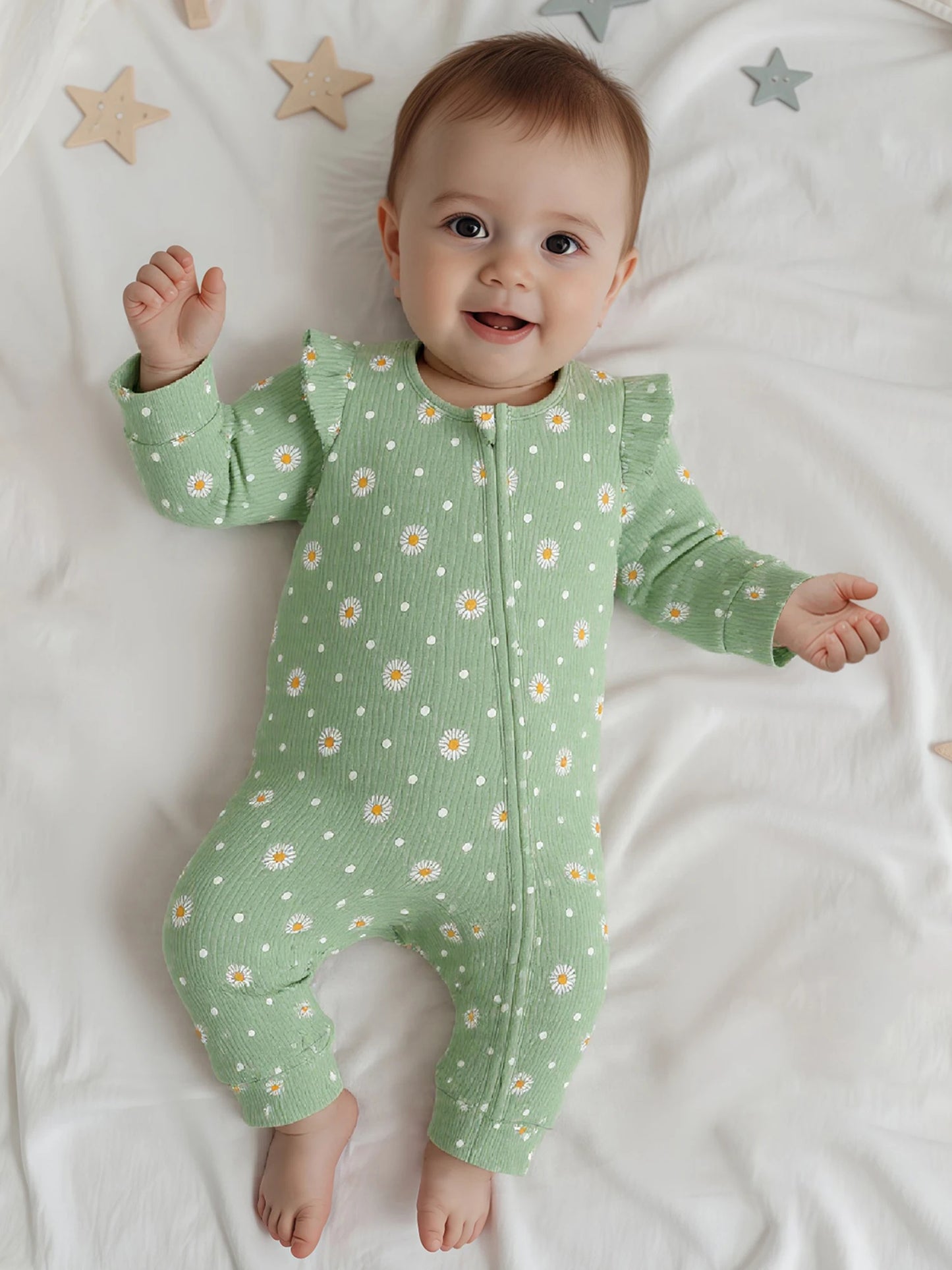 Baby Girls Fall Jumpsuit - Long Sleeve Flower Print Zipper Romper (0-18M)