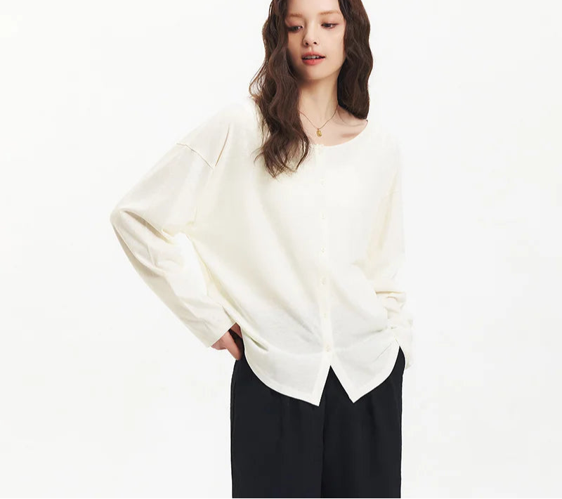 Women's Long Sleeve U-Neck T-Shirt - Minimalist Elegant Cardigan Style Top