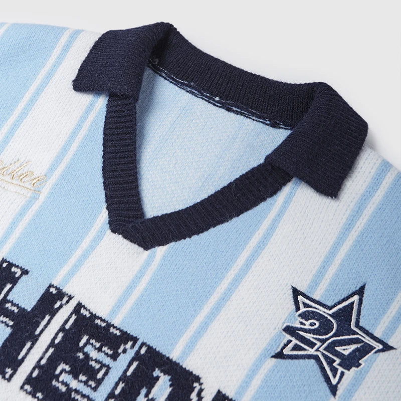 Unisex Vertical Stripe Cozy Retro Sporty Loose Colorblock Knit Pullover Top Sweater