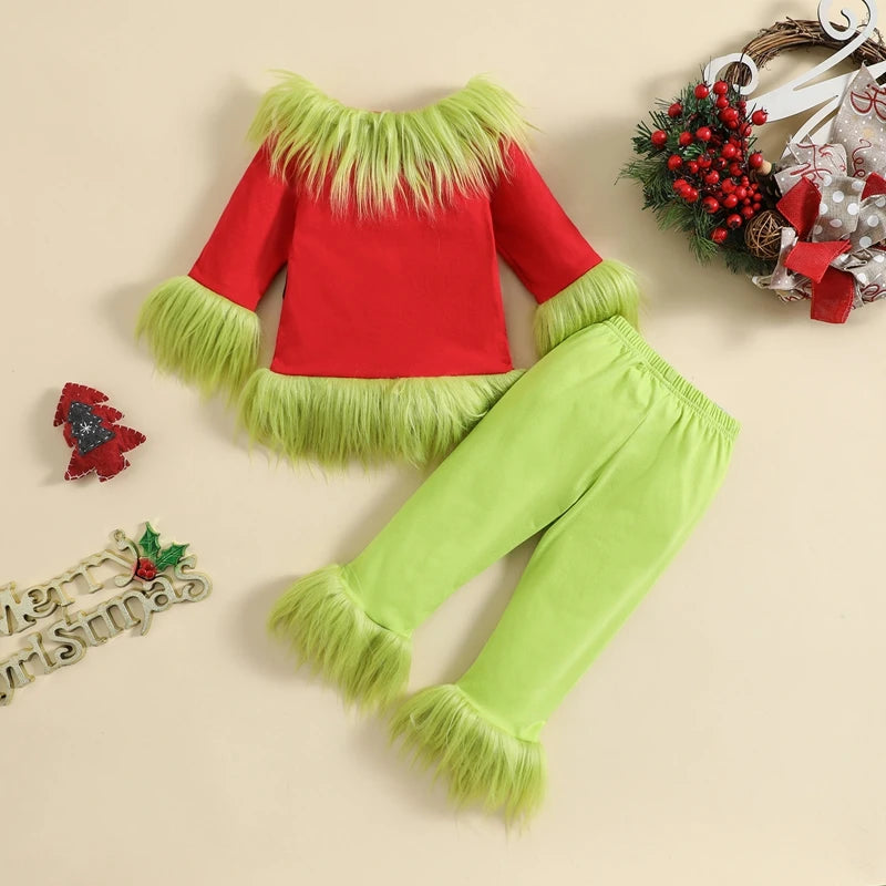 Kids Christmas Outfit Set - Furry Plush Patchwork Top & Elastic Waist Pants