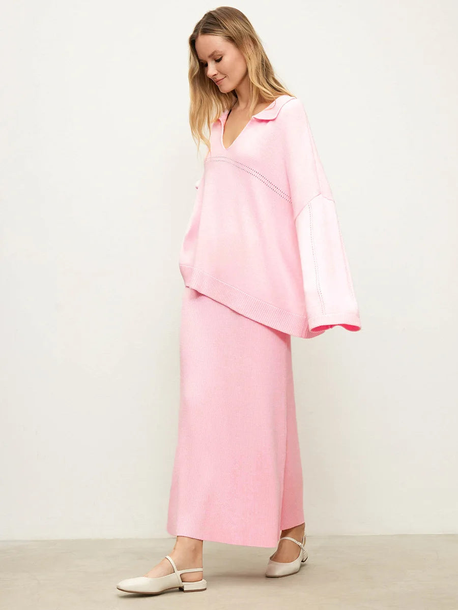 Women's Loose Sweater V-Neck Knit Pullover Top and Long High Waist Skirt 2 Piece Set