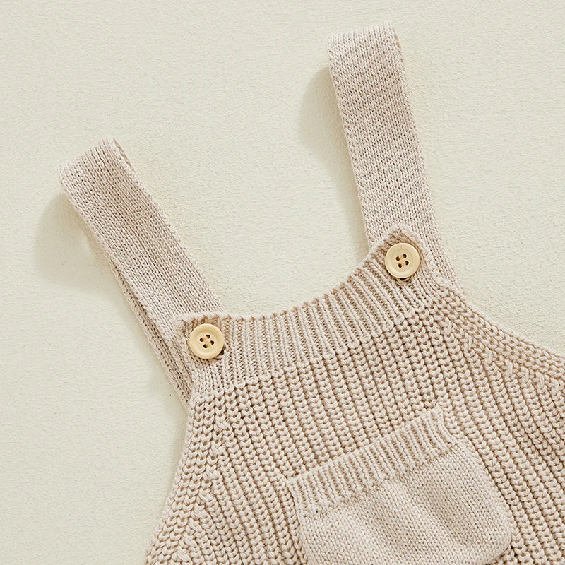 0-3Y Baby Boys Girls Overalls Jumpsuits Sleeveless Front Pocket Solid Colour Knitted Romper Outfit
