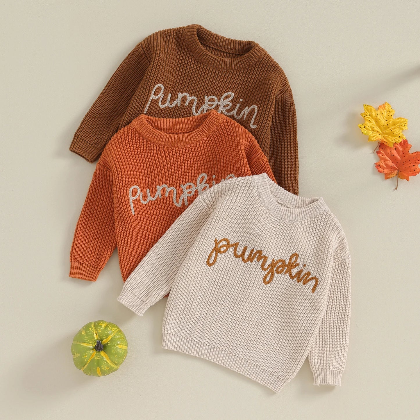 0-3Y Toddler Baby Girls Boys Autumn Winter Knit Sweater 3 Colors Long Sleeve Pumpkin Letter Embroidery Knitwear