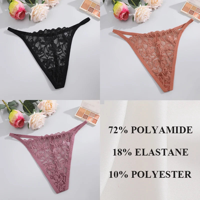 Women's 3Pcs/Set Lace Floral Thongs Hollow Out Underwear Low-Waist Perspective G-string Breathable Lingerie