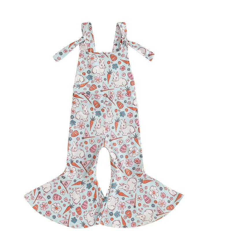Girls' Easter Romper Pants - Sleeveless Floral Rabbit Print Suspender Jumpsuit