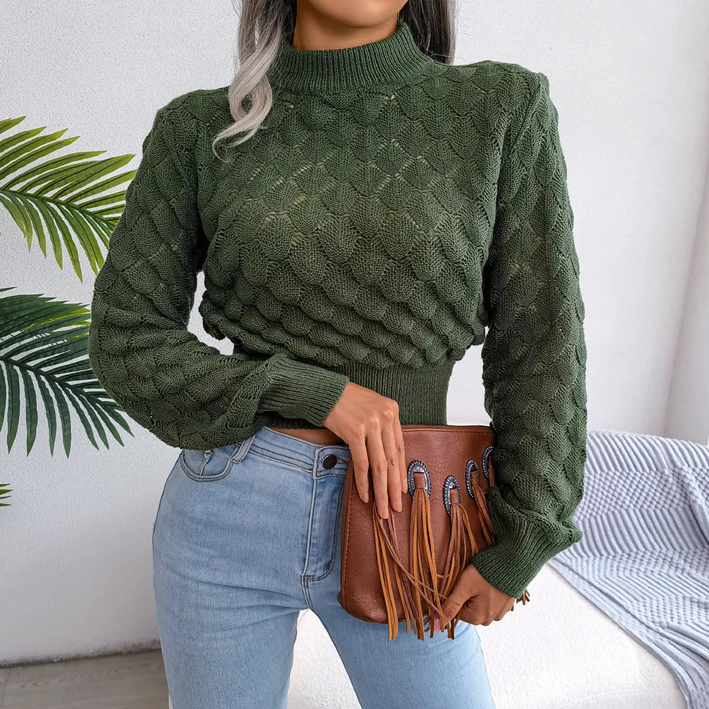 Women's Fall Winter 3D Diamond Cutout Long Sleeve Solid Color Chic Crop Knit Sweater