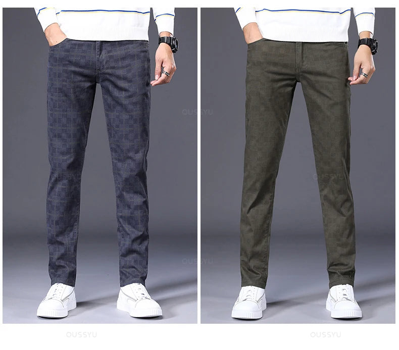 Men's Plaid 98% Cotton Stretch Straight Classic Trousers