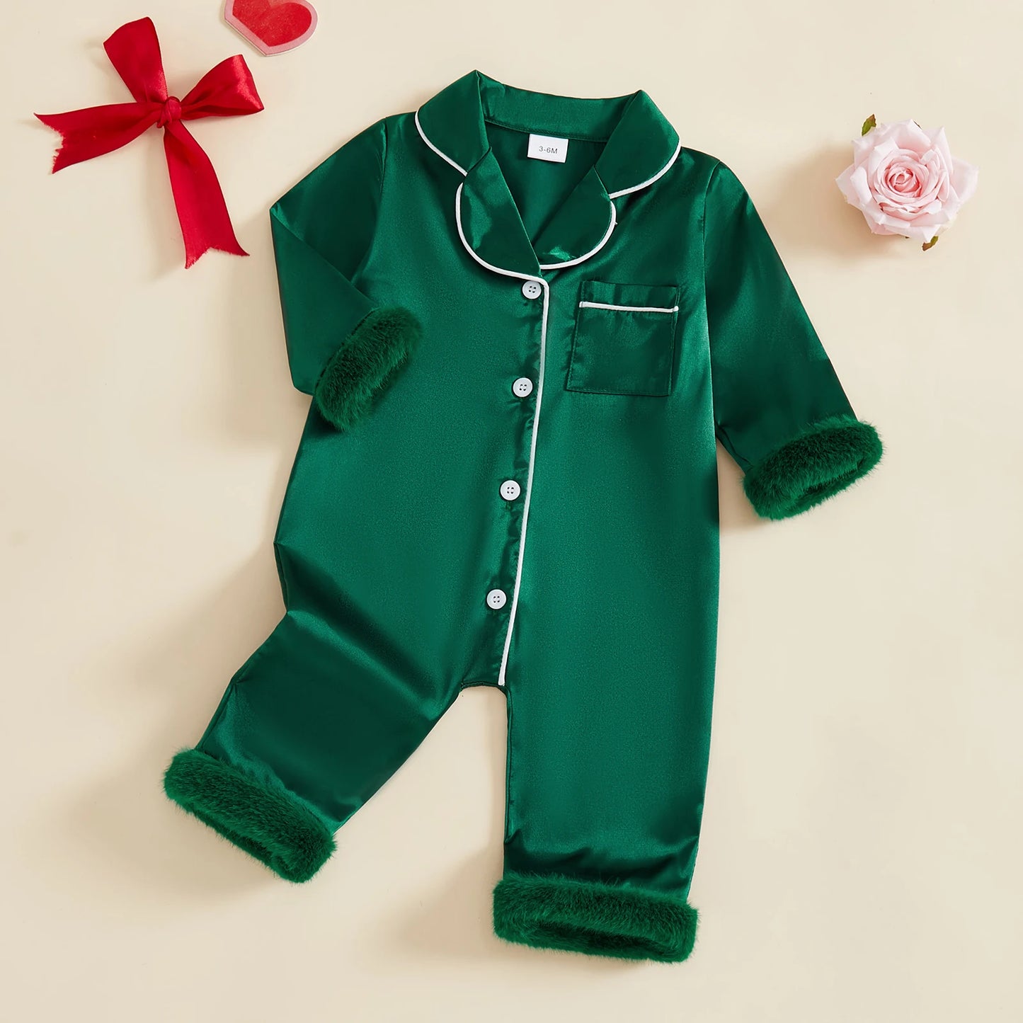 Baby Christmas Pajama Romper - Button Down with Feather Trim Cuffs