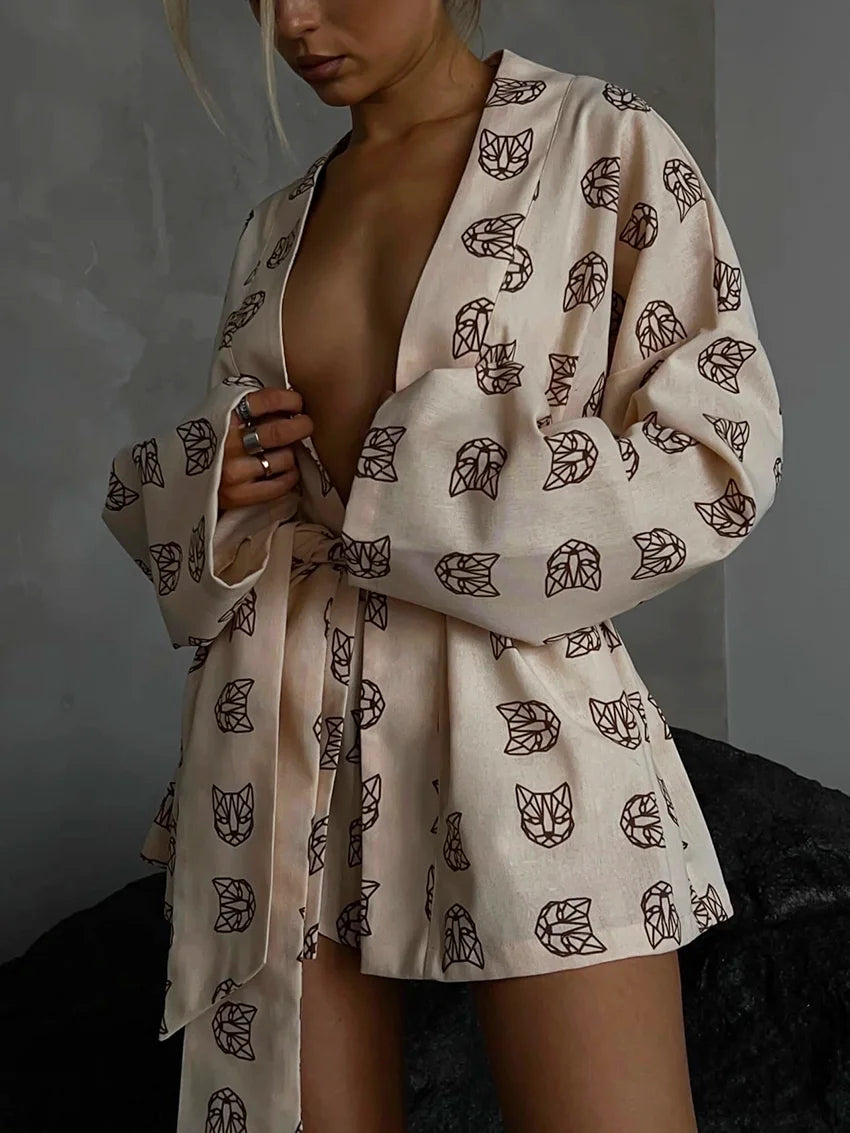 Women's Casual Print Pyjamas Lace-Up Long Sleeve Robes Shorts Sleepwear Set