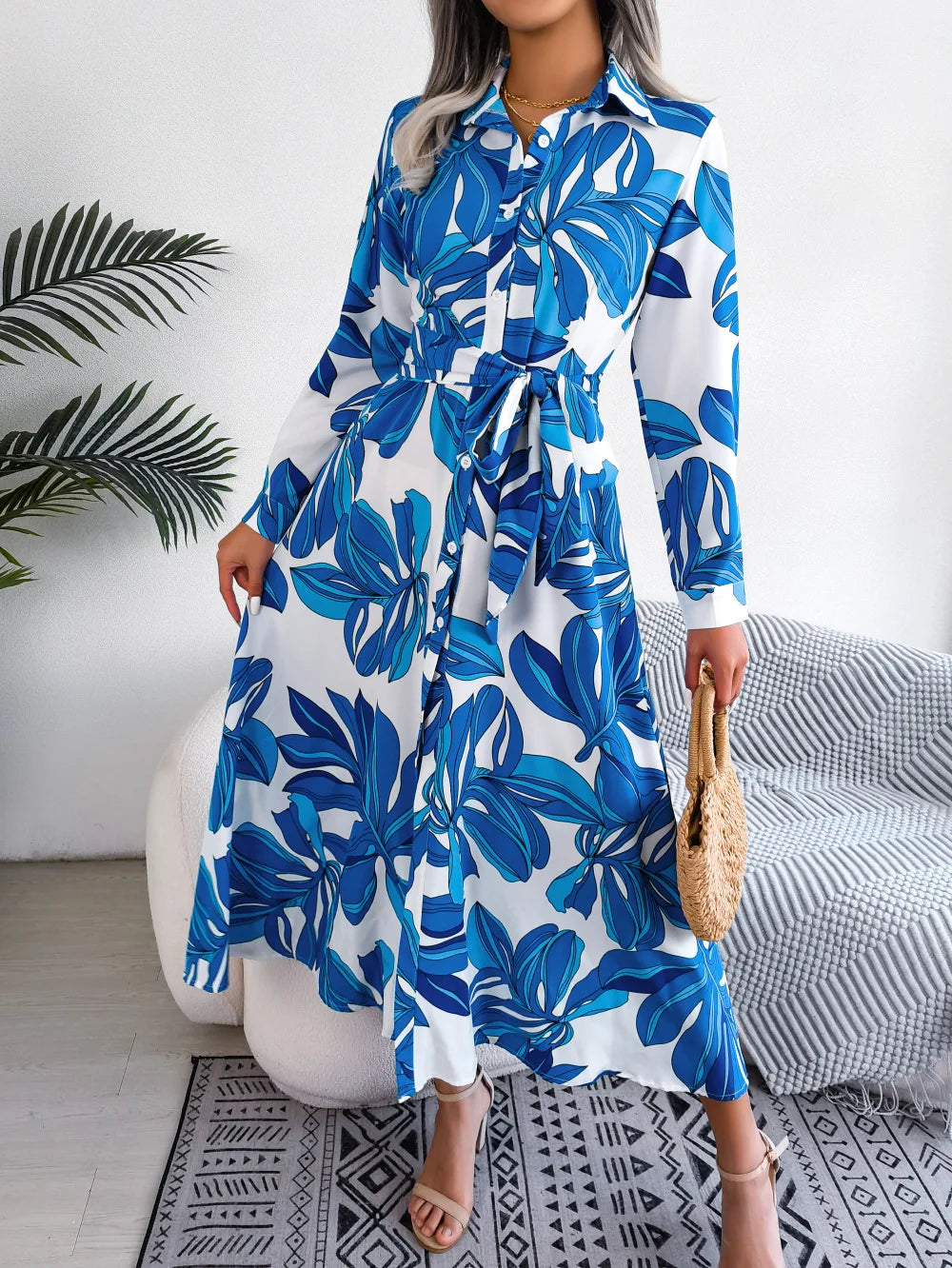 Women's Spring Summer Contrast Floral Polo Collar Lace Up Shirt Single Breasted Long Dress