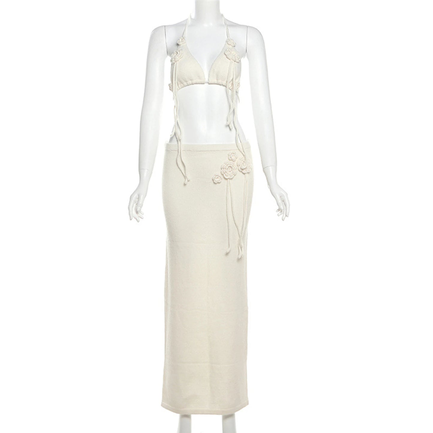 Women's Sleeveless V Neck Short Top High Waist Split Skirt Set Summer Beach Style Set