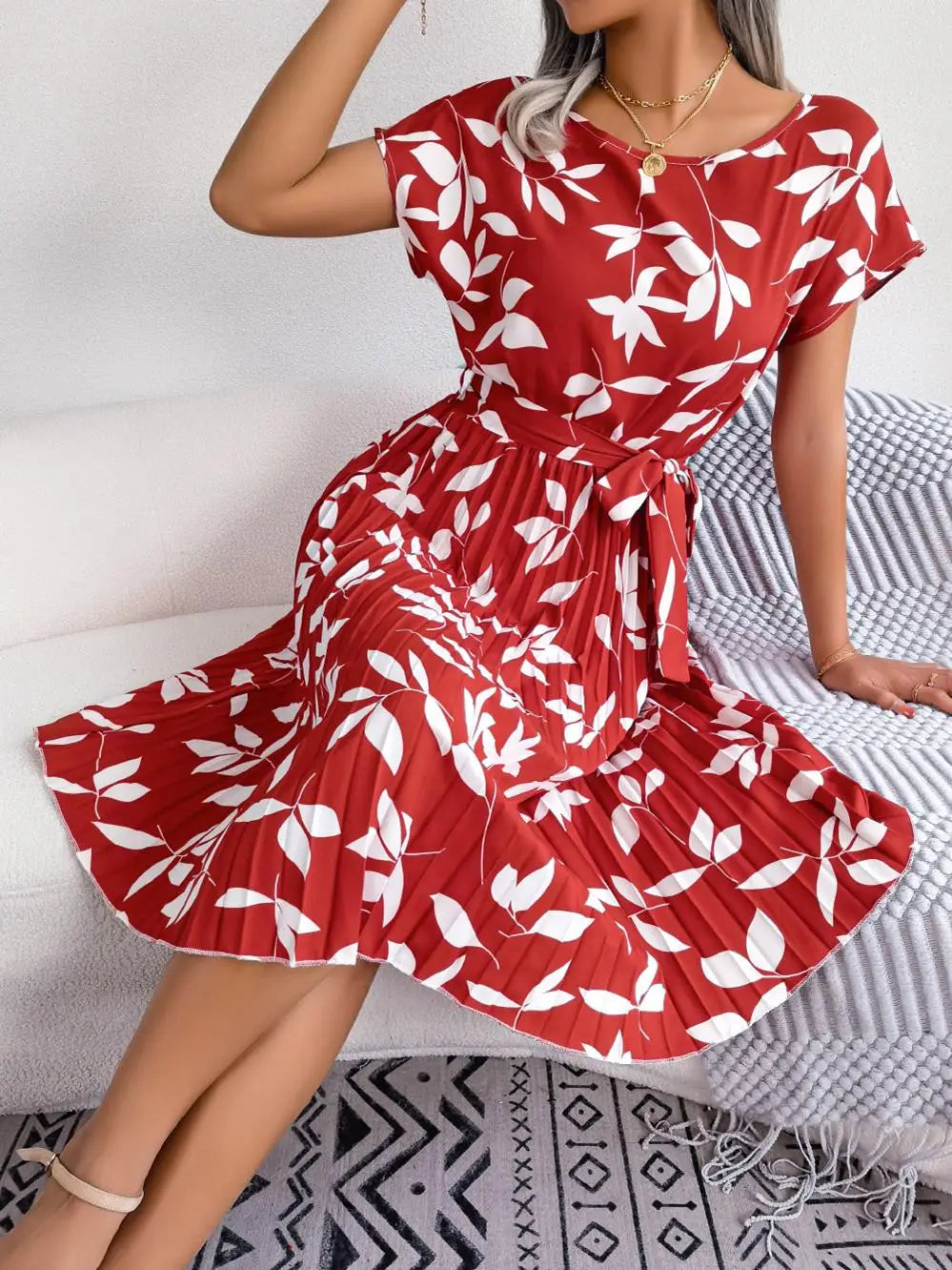 Women's Floral Pleated A Line Long Spring Summer Short Sleeve High Waist Chic Dress