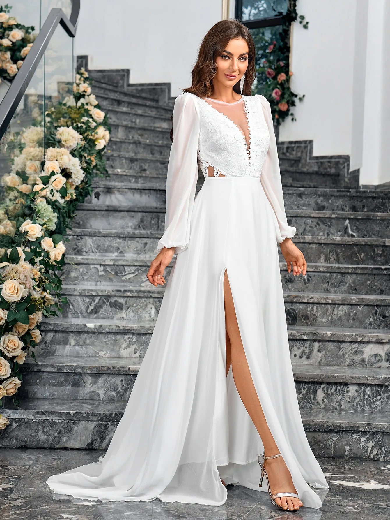 Women's Long Sleeve Deep V Neck Lace Backless Floor Length Dress