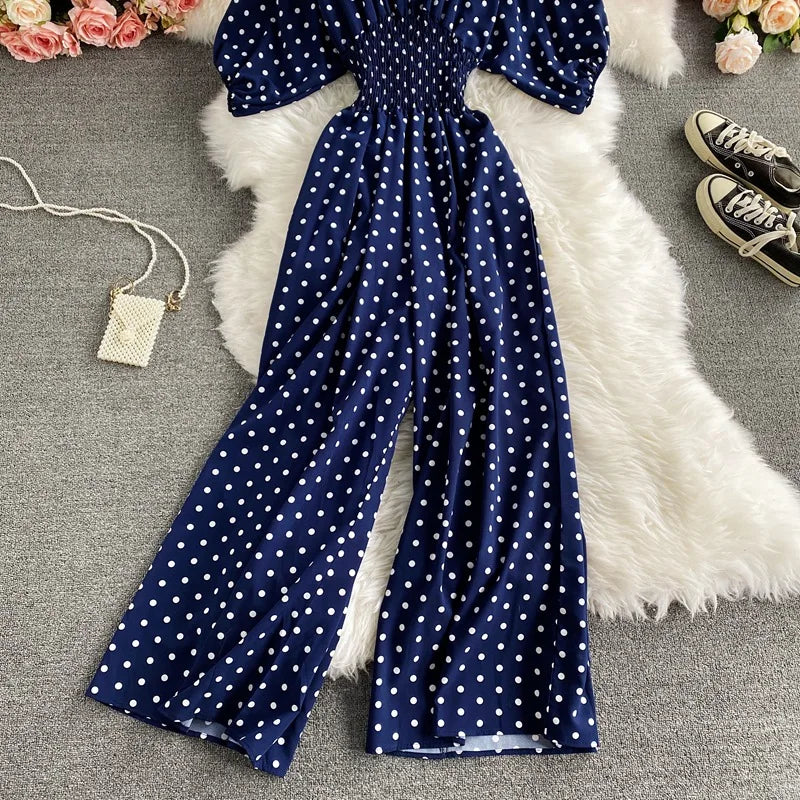 Women's V-Neck Polka Dot Jumpsuit - Wide Leg Trousers with Dolman Sleeves