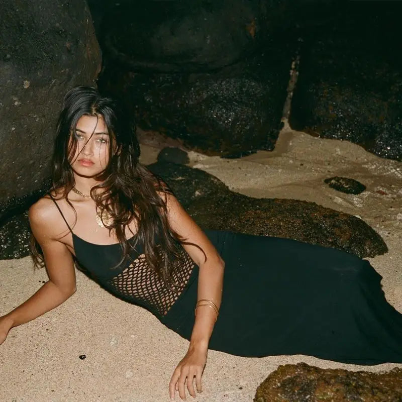 Women's Fishnet Detail Maxi Mesh Splice Slip Dress