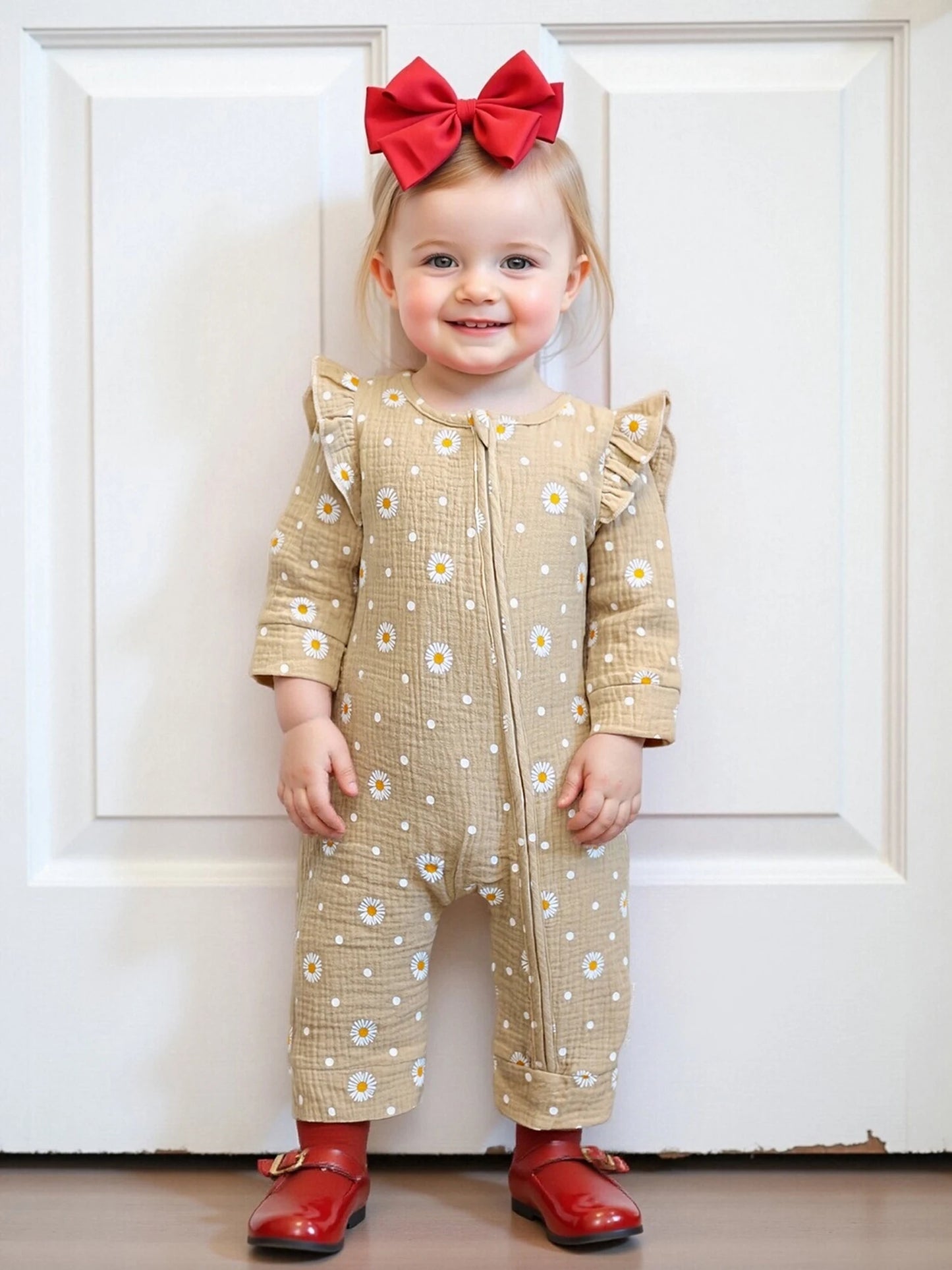 Baby Girls Fall Jumpsuit - Long Sleeve Flower Print Zipper Romper (0-18M)