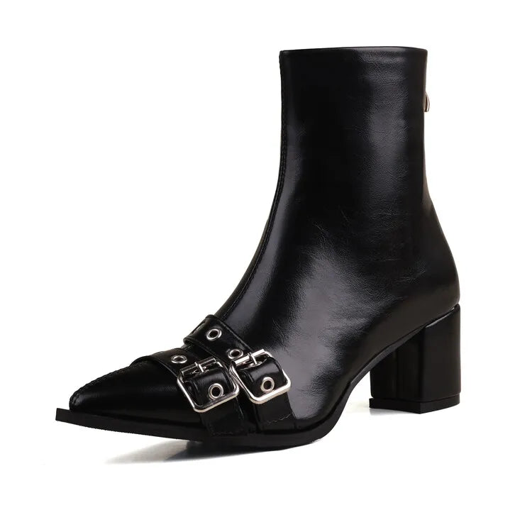 Women's Leather Metal Belt Buckle Short 6cm Square Heel Rivet Boot Back Zipper Boots