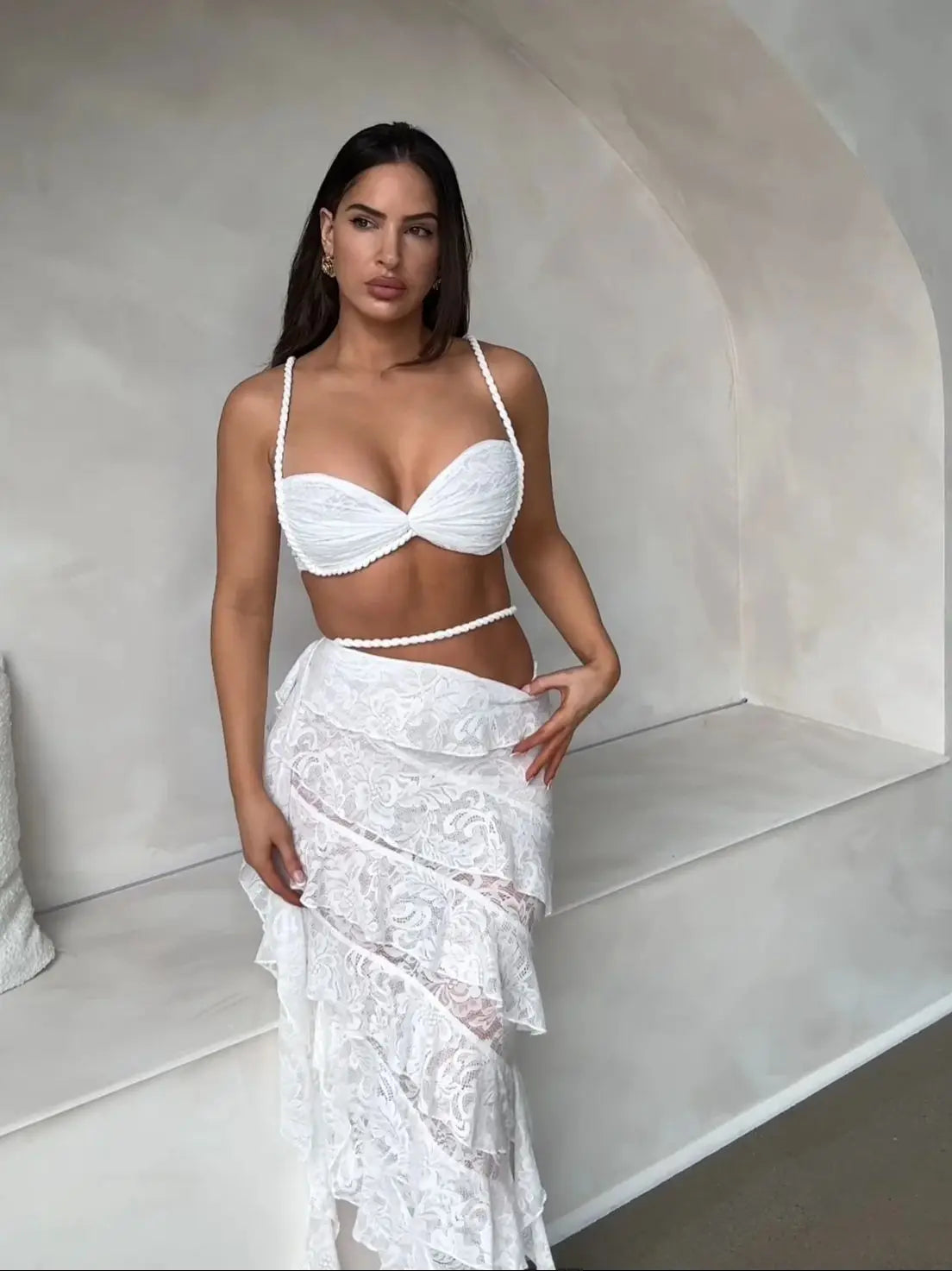 Women's Lace Ruffle Skirt Set Braid Skirt Halter Straps Tube Top Skirt Bra High Waist Chic Beach Set