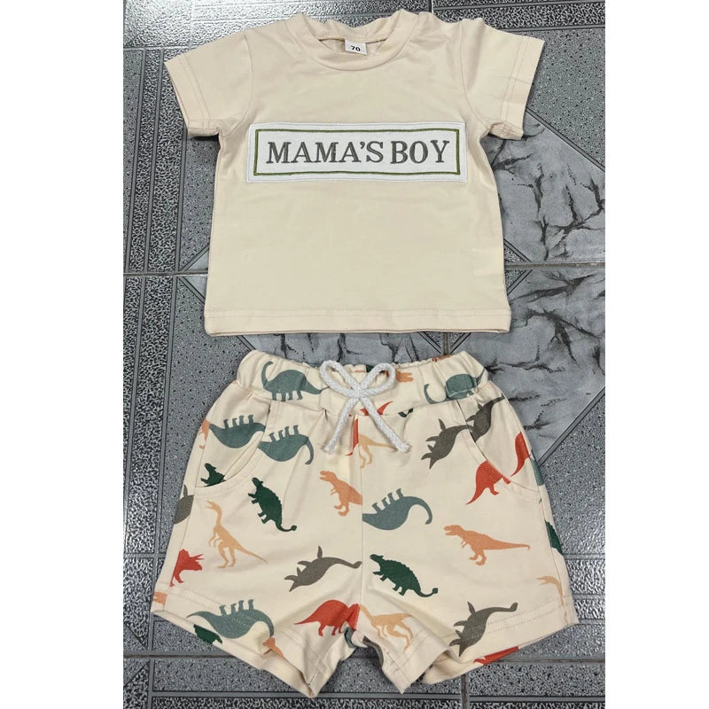0-3Y Casual Baby Boys Summer Clothes Sets Letter Embroidery Short Sleeves T-Shirt and Dinosaur Print Shorts Set