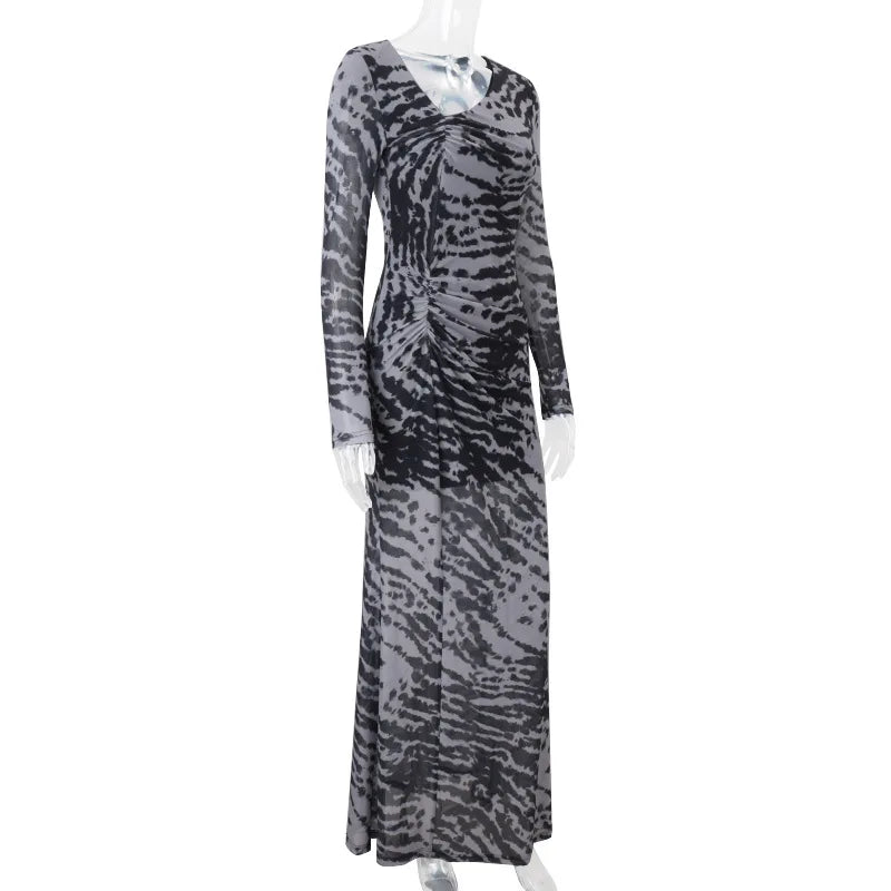Women's Asymmetrical Ruched Zebra Stripe Maxi Dress - Long Sleeve Vintage Style