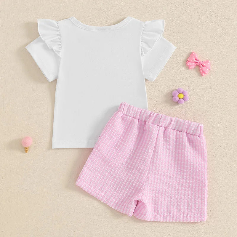 Baby Girls Summer Outfit Set - Letter Embroidery T-Shirt & Plaid Shorts (0-3Y)