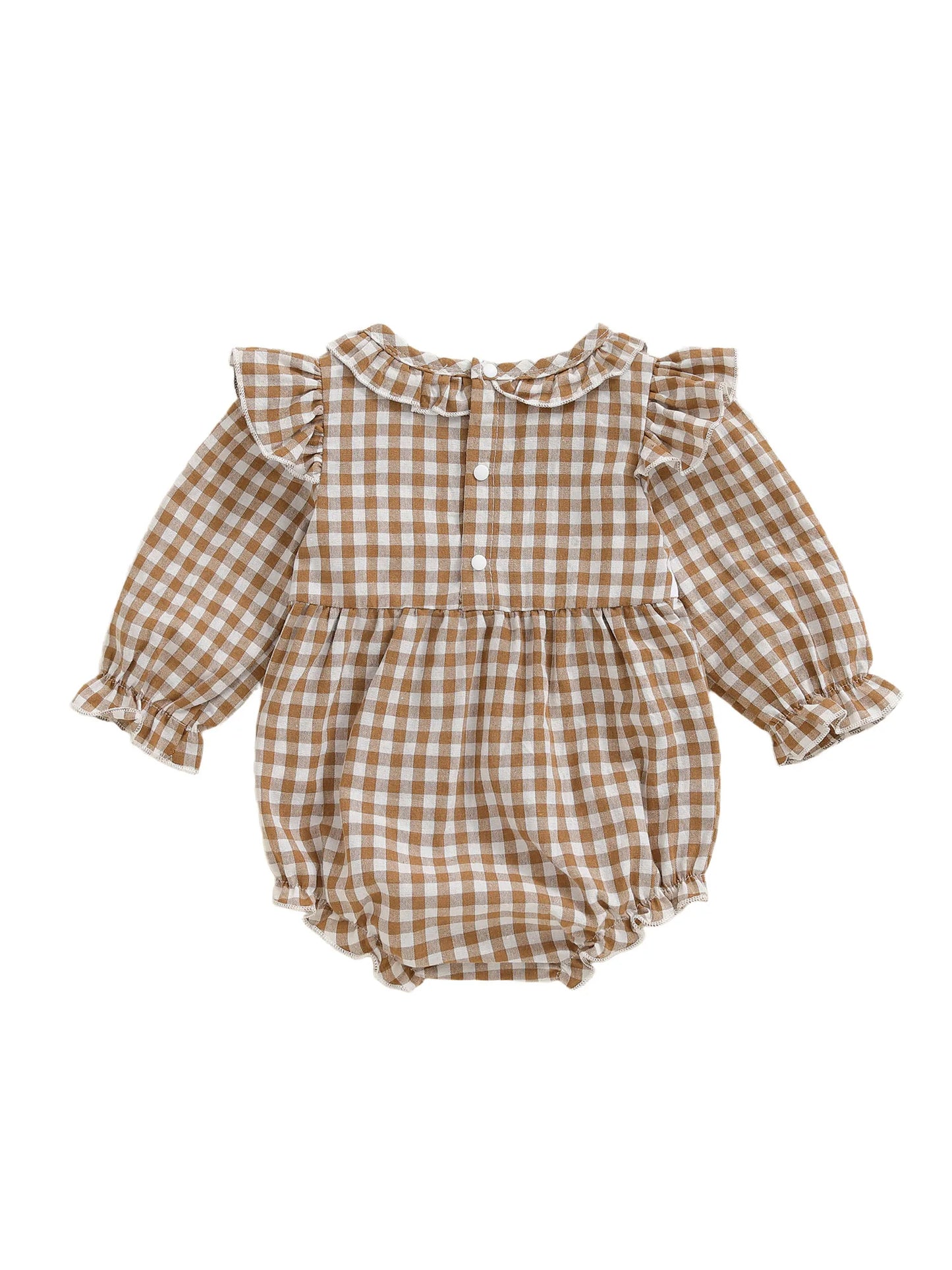 Baby Thanksgiving Romper - Long Sleeve Plaid Print Turkey Embroidery Bubble Jumpsuit
