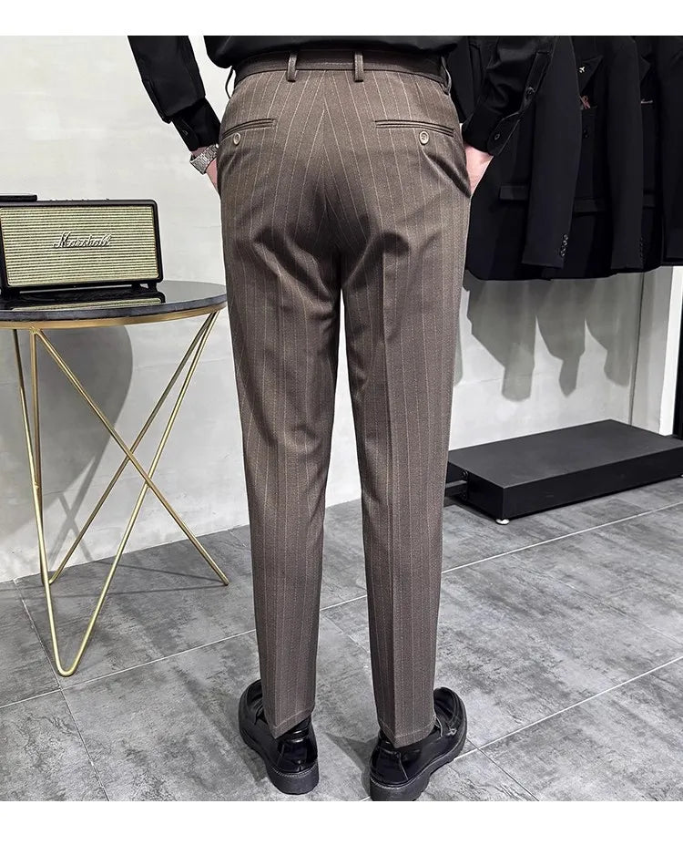 Men's Striped Suit Pants - Smart Casual Straight Trousers for Office & Wedding