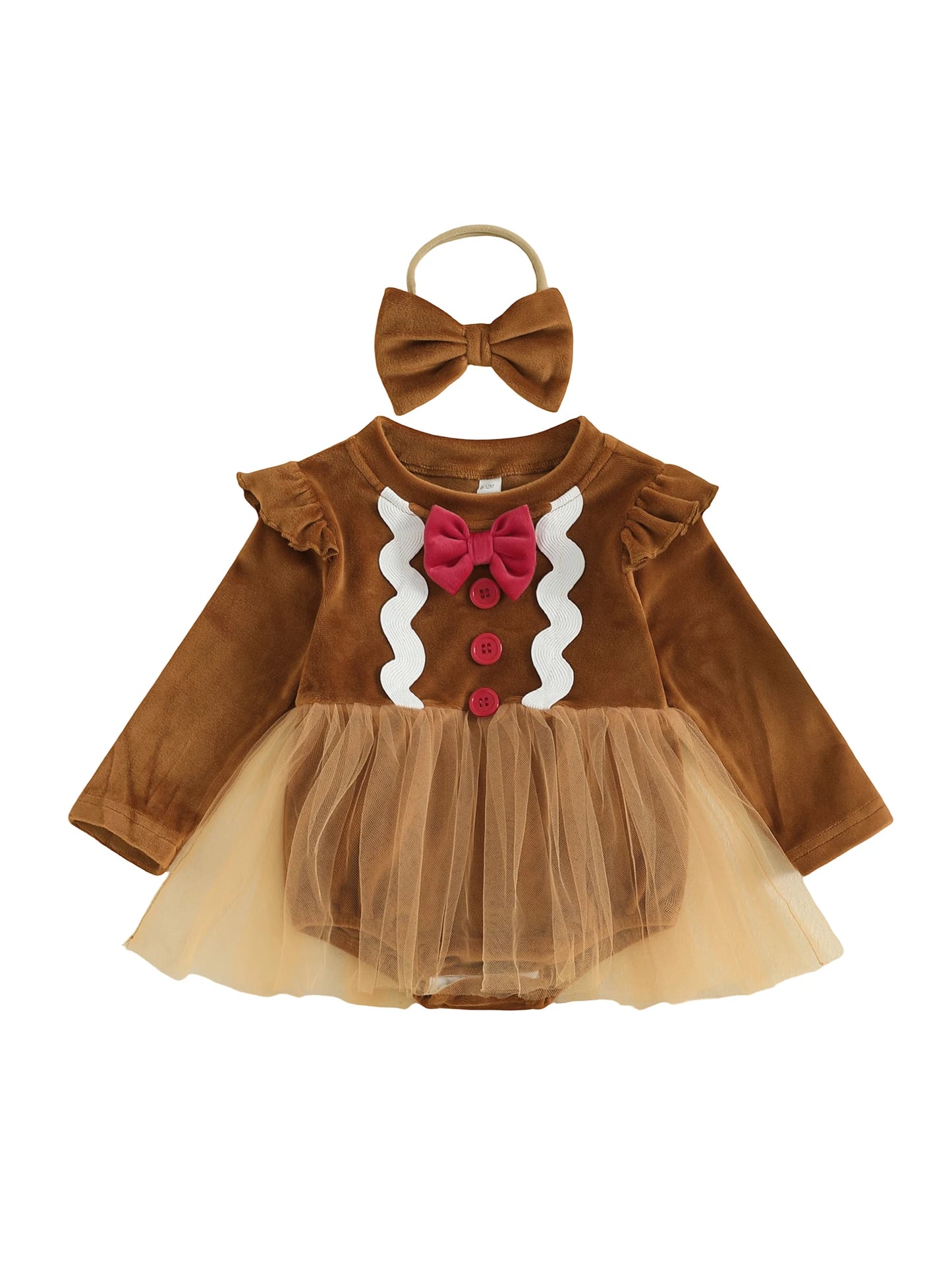 Baby Girls Christmas Gingerbread Man Romper Dress with Bow Headband (0-18M)