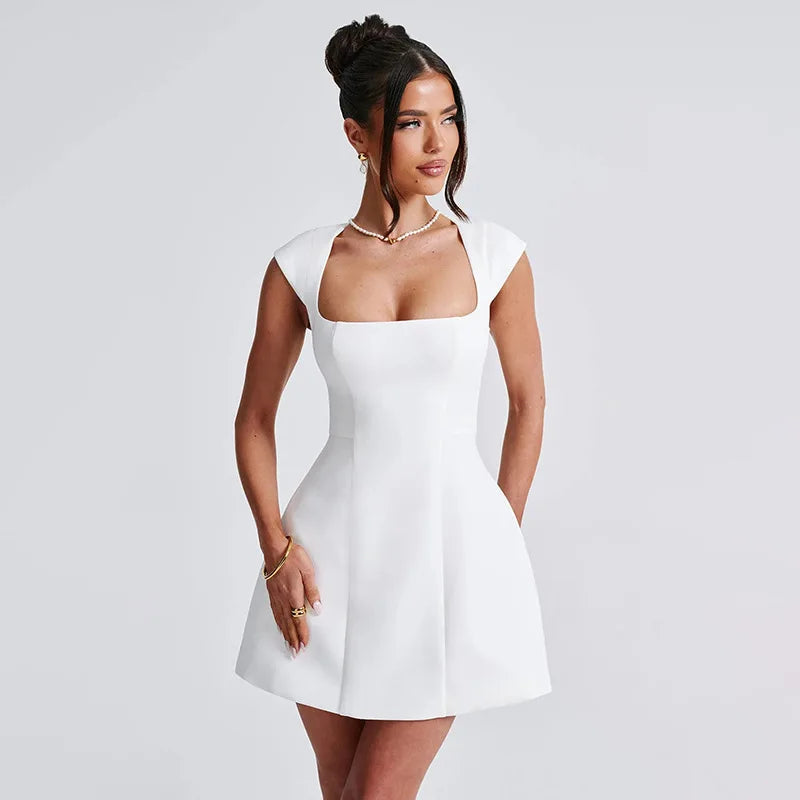 Women's Square Collar Vest Mini Dress - A-Line High Waist Solid Patchwork Dress