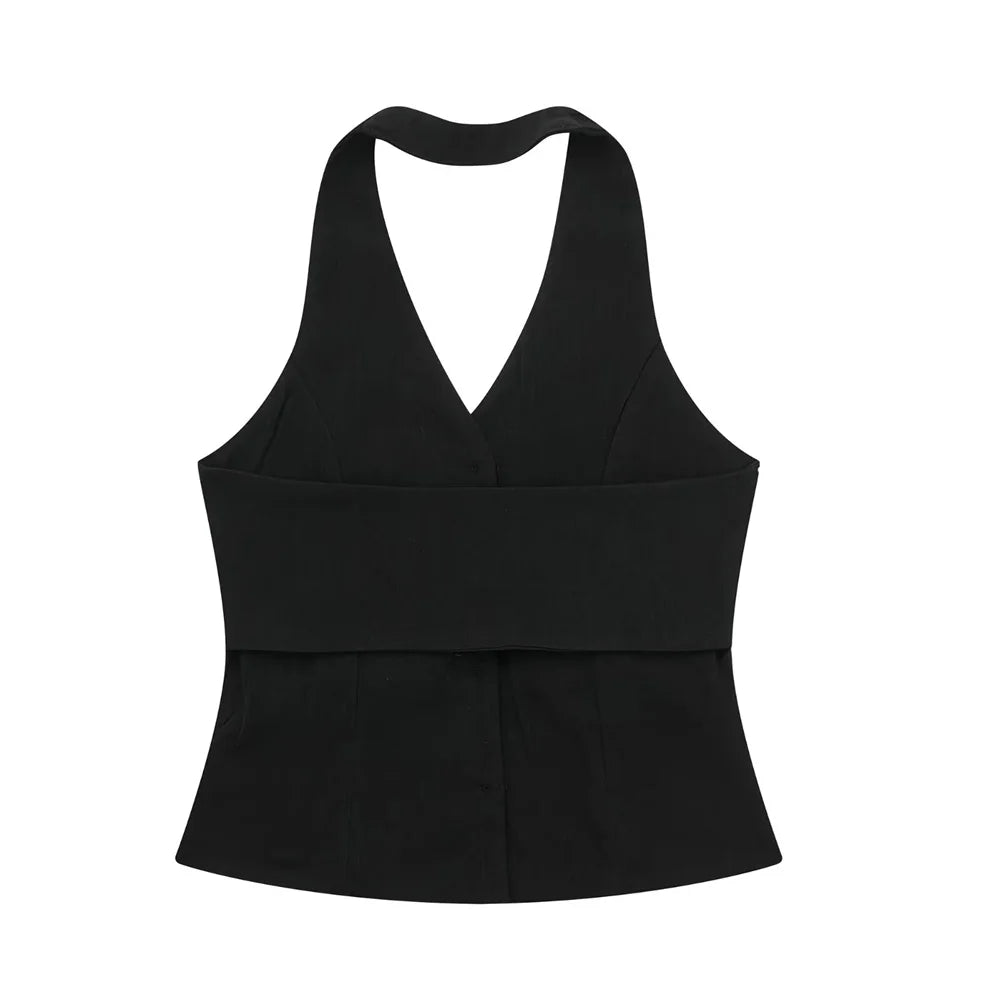 Women's Solid Colour Backless Hanging Neck Collar Vest Long Trousers Set