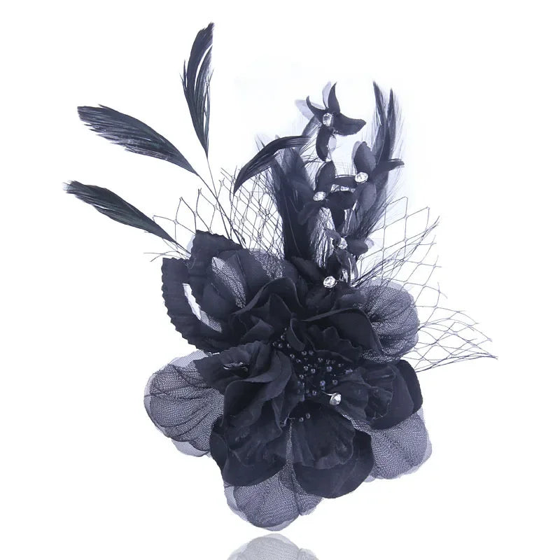 Fabric Flower Brooch with Feather - Elegant Cloth Art Corsage Lapel Pin