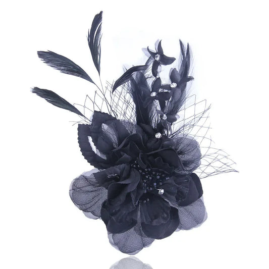 Fabric Flower Brooch with Feather - Elegant Cloth Art Corsage Lapel Pin