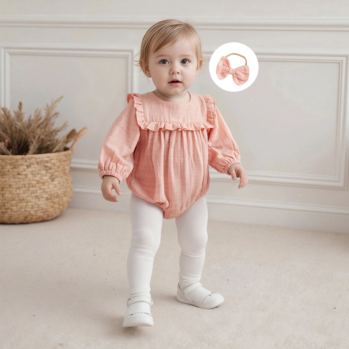 Baby Girls Fall Romper - Solid Color Long Sleeve Round Neck Ruffled Jumpsuit with Bow Headband
