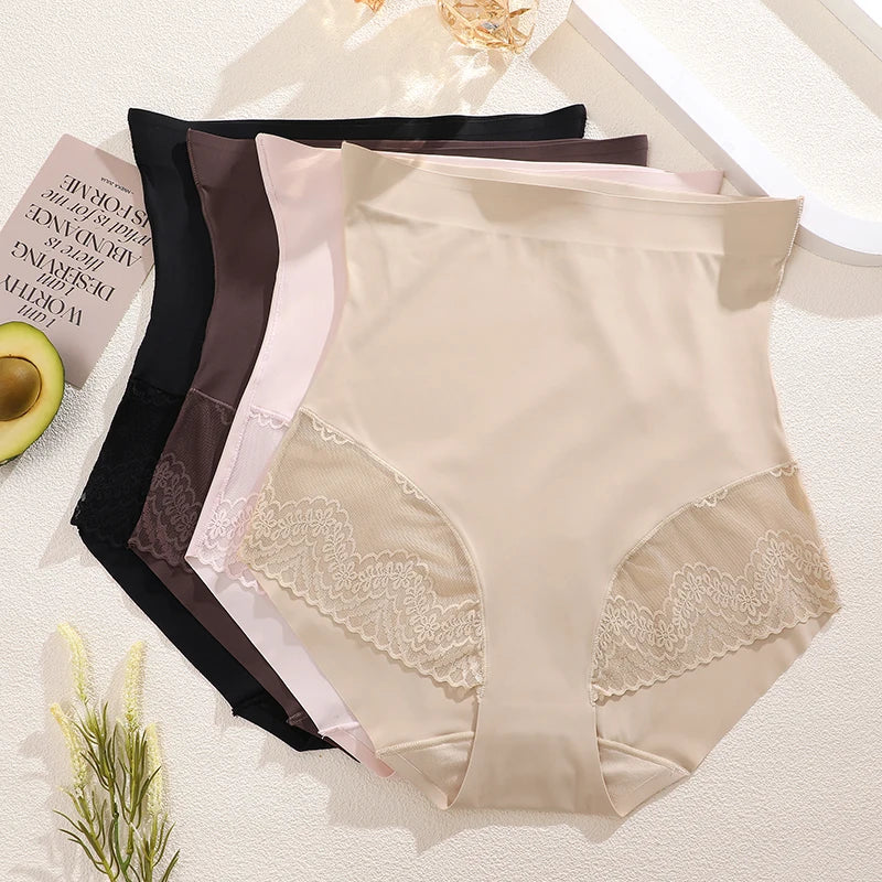 High Waist Tummy Control Panties - Women's Floral Lace Shaping Briefs (S-XXXL)