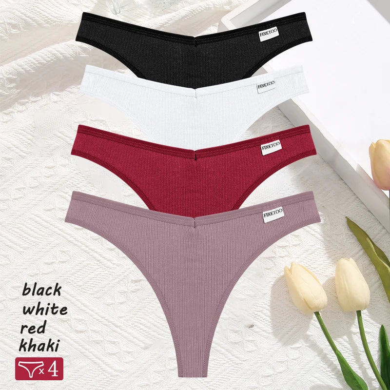 Women's 4Pcs Cotton Striped Solid Underwear V Waist G-string Panties Comfortable Soft T-back Bikini