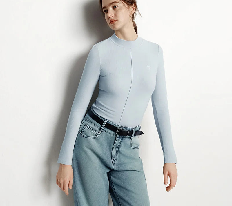 Women's Mock Neck Thermal Base Layer - Slim Fit Brushed Fabric with Embroidery