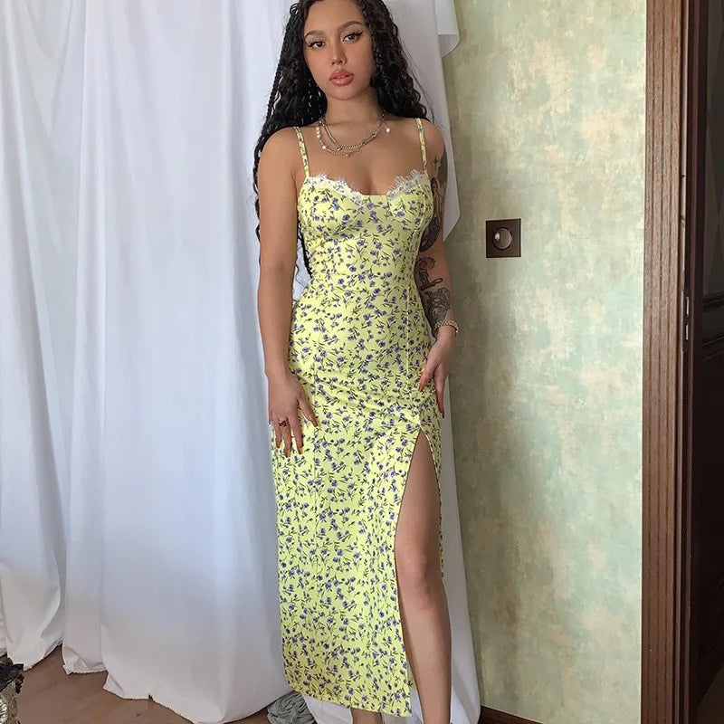 Women Lace Dress- Midi Backless Slit Summer Elegant Floral Dress