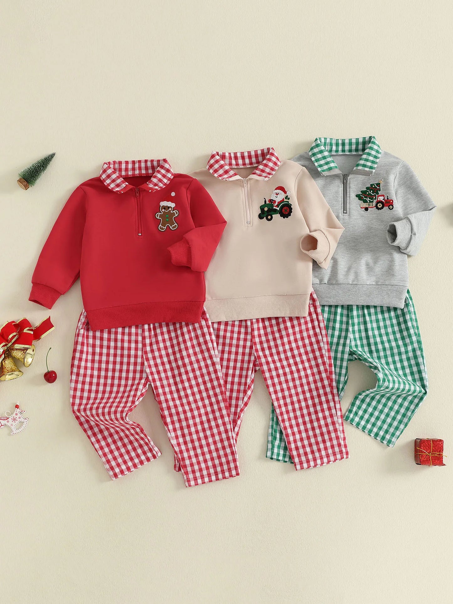 Baby Boys Christmas Clothes Set - Xmas Tree Embroidery Zip Pullover & Plaid Pants