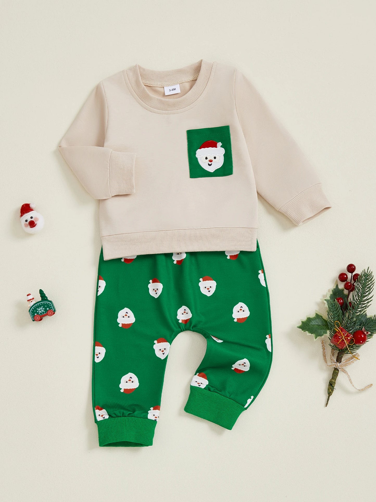 Baby Boys Christmas Gingerbread Outfit Set - Long Sleeve O-Neck Top & Drawstring Pants (0-3Y)