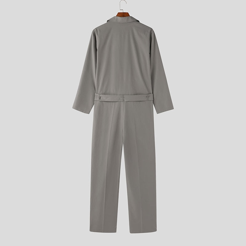 Men's Lapel Long Sleeve Pockets Jumpsuit With Belt S-5XL