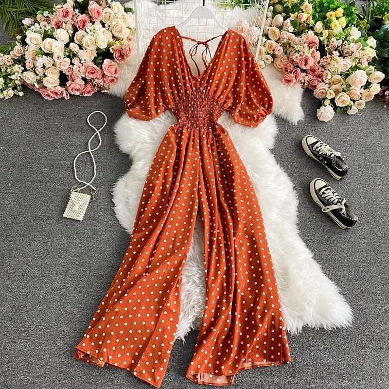 Women's V-Neck Polka Dot Jumpsuit - Wide Leg Trousers with Dolman Sleeves