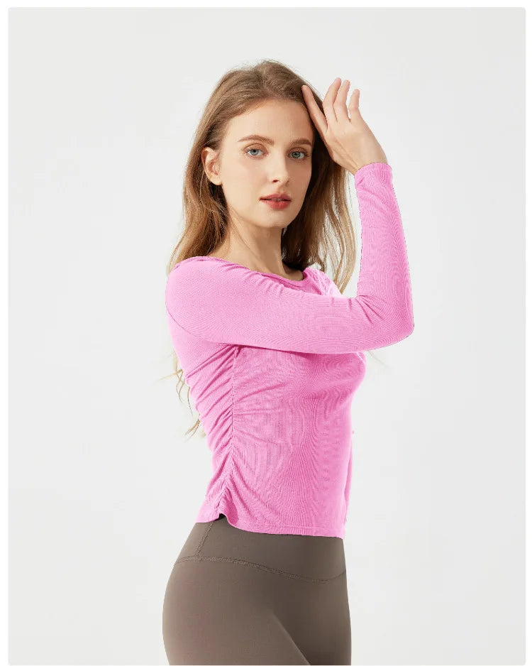 Women's Long Sleeve Yoga Shirt Slim Fit Gym Top Breathable Ribbed Gym Running Top Workout Sportswear