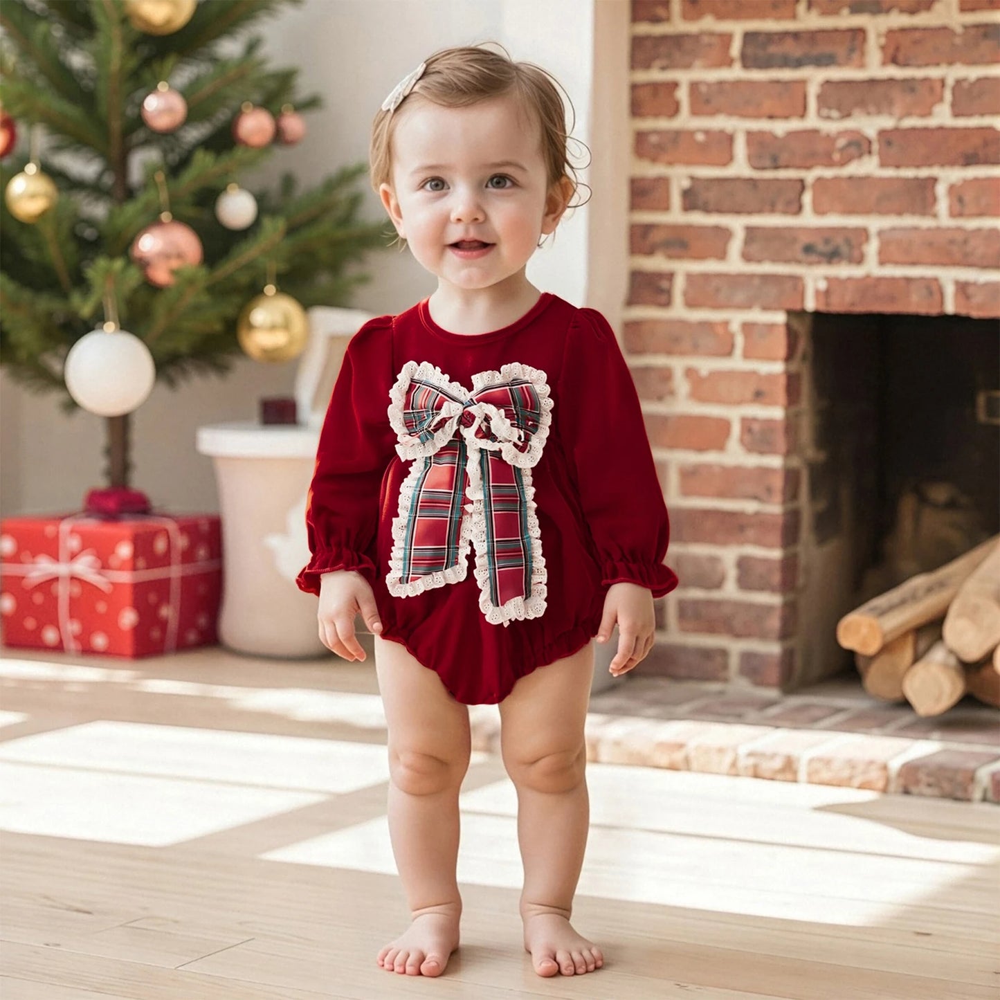 Lovely Baby Velvet Christmas Romper with Plaid Bow (0-18M)