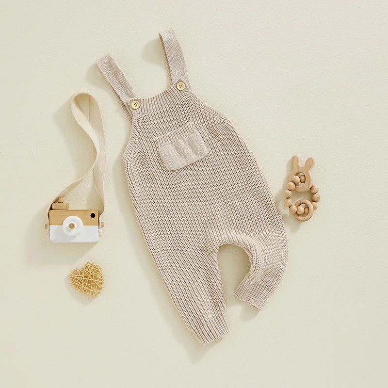 0-3Y Baby Boys Girls Overalls Jumpsuits Sleeveless Front Pocket Solid Colour Knitted Romper Outfit