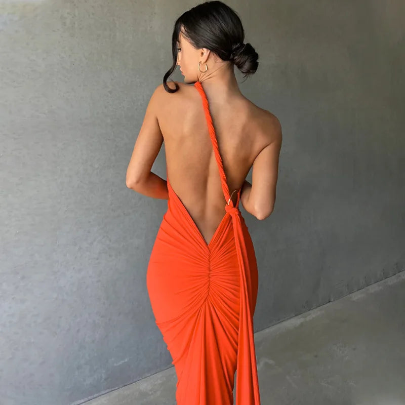 Women's Backless Irregular Maxi Ruched Long Sleeveless Dress
