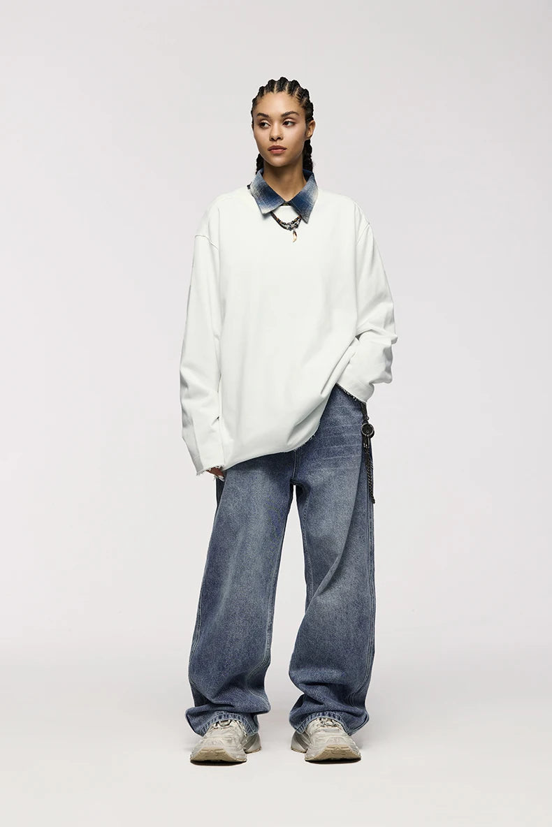 Unisex Retro Washed Jeans Stretch Straight Leg Denim Trousers