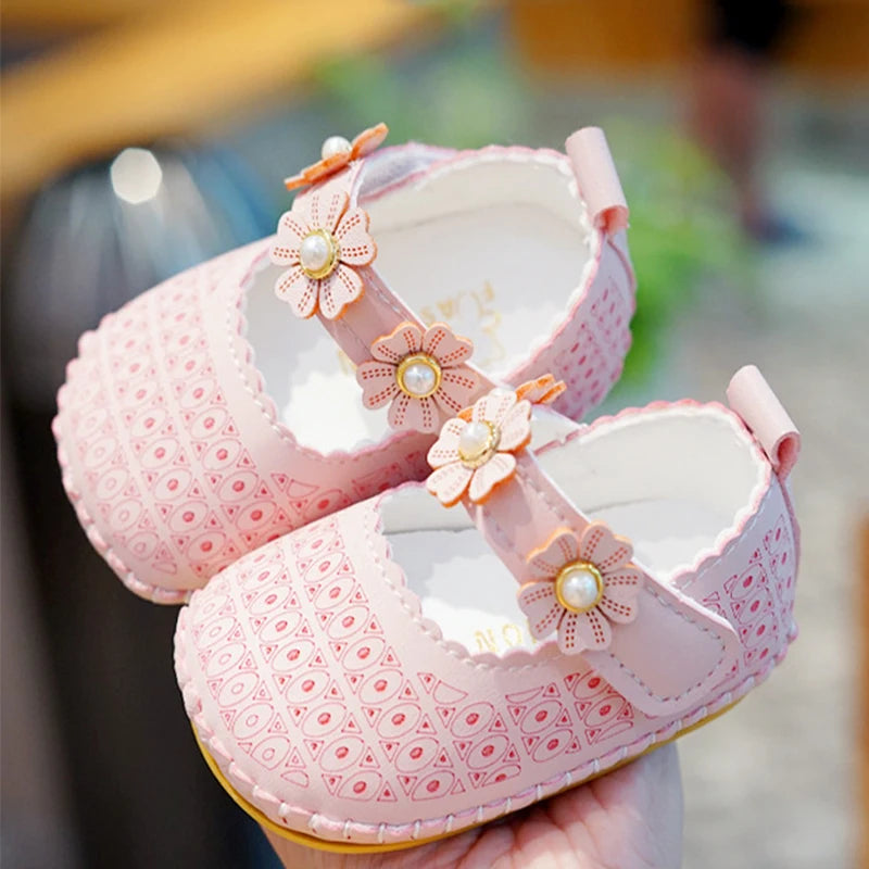 Princess Baby Girls Spring Casual Flower Soft Sole Flat Prewalker Anti-Slip Shoes