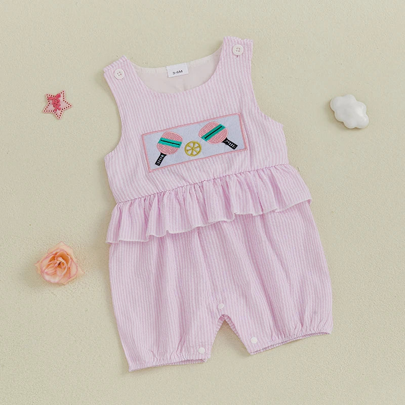 Striped Sleeveless Romper with Cartoon Embroidery - Baby & Toddler