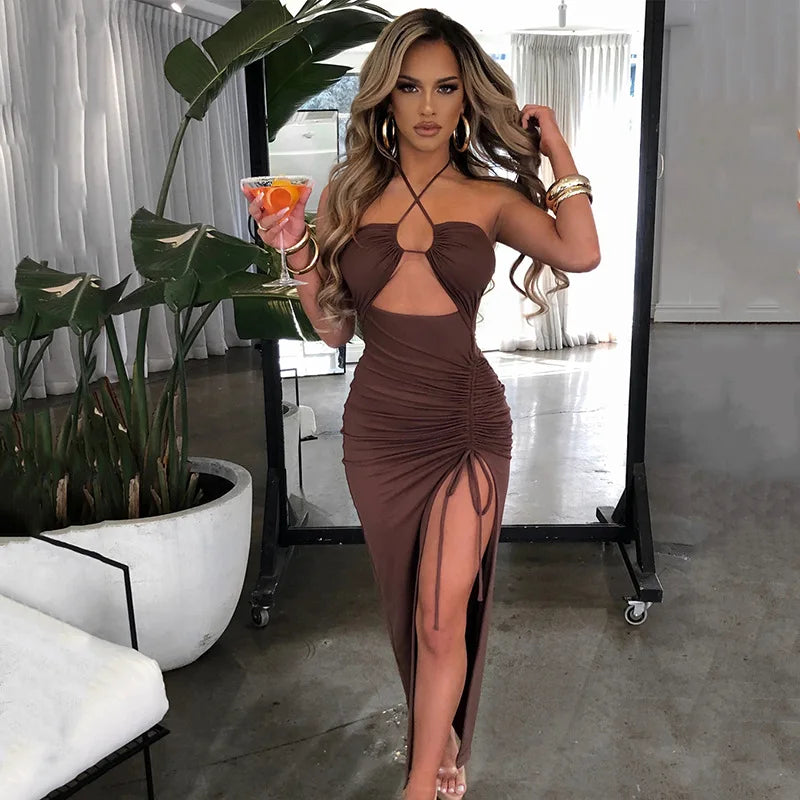 Women's Halter Backless Sleeveless Cut Out Maxi Elegant Party Slit Dress