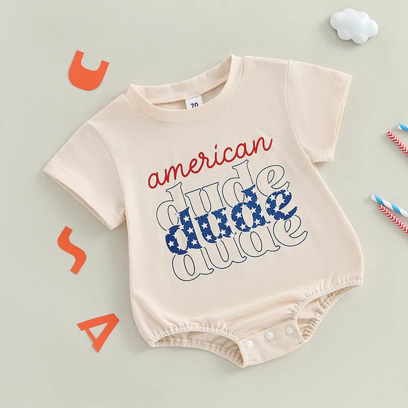 0-18M Summer Baby Boys Girls Romper Short Sleeve Crew Neck Letters Star Print Jumpsuit